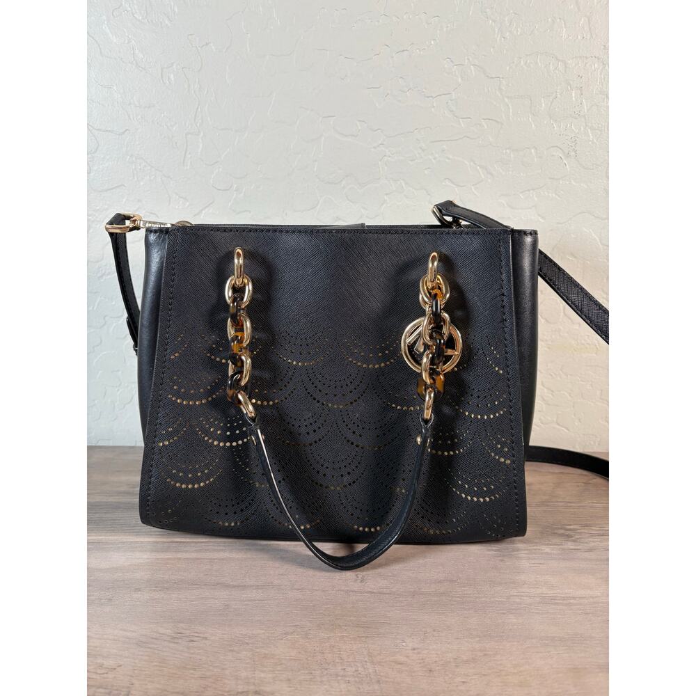 MICHAEL KORS Perforated Leather SOFIA Black Gold Handbag Hot Shell Crossbody Bag